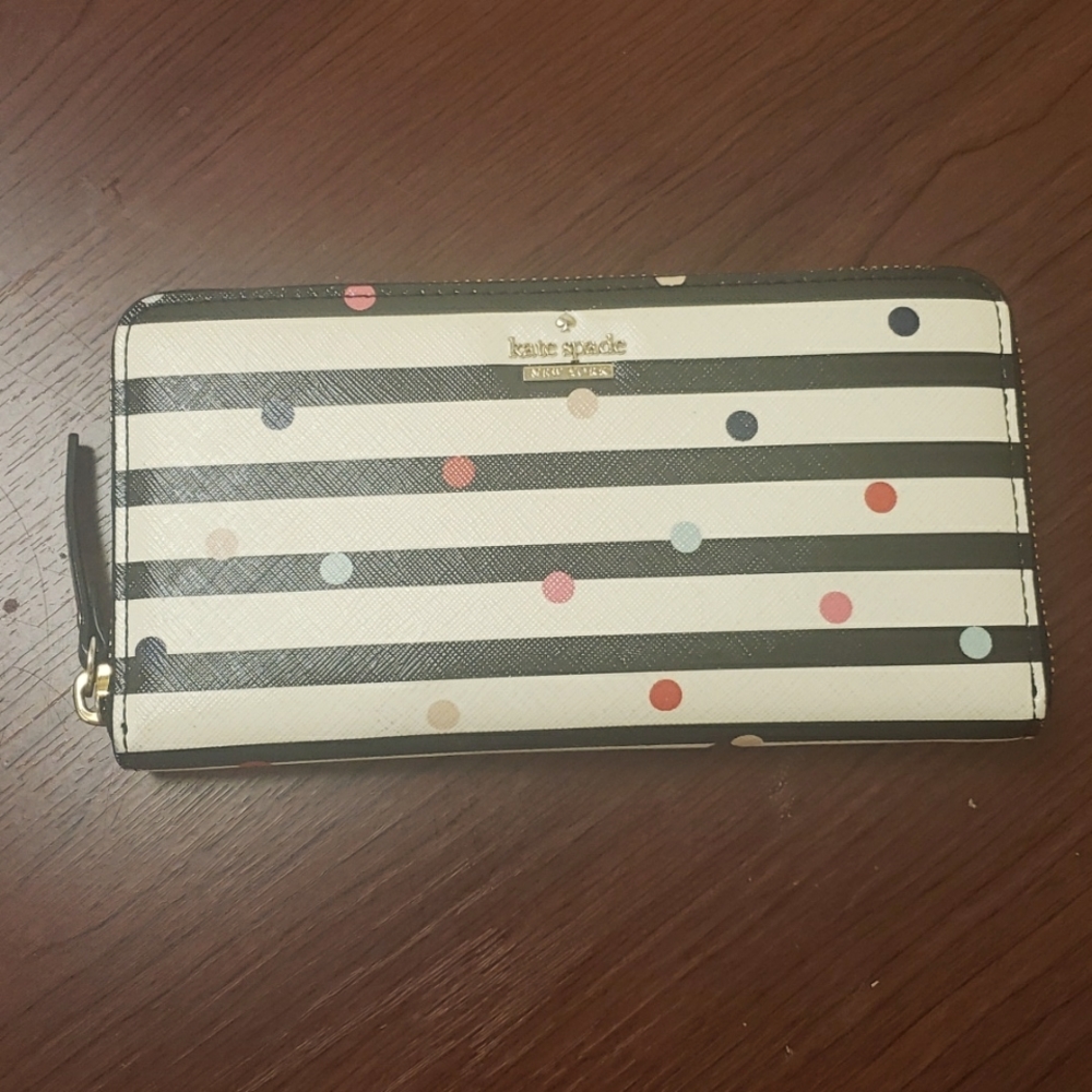 Black & off white striped polka dot large Kate Spade wallet